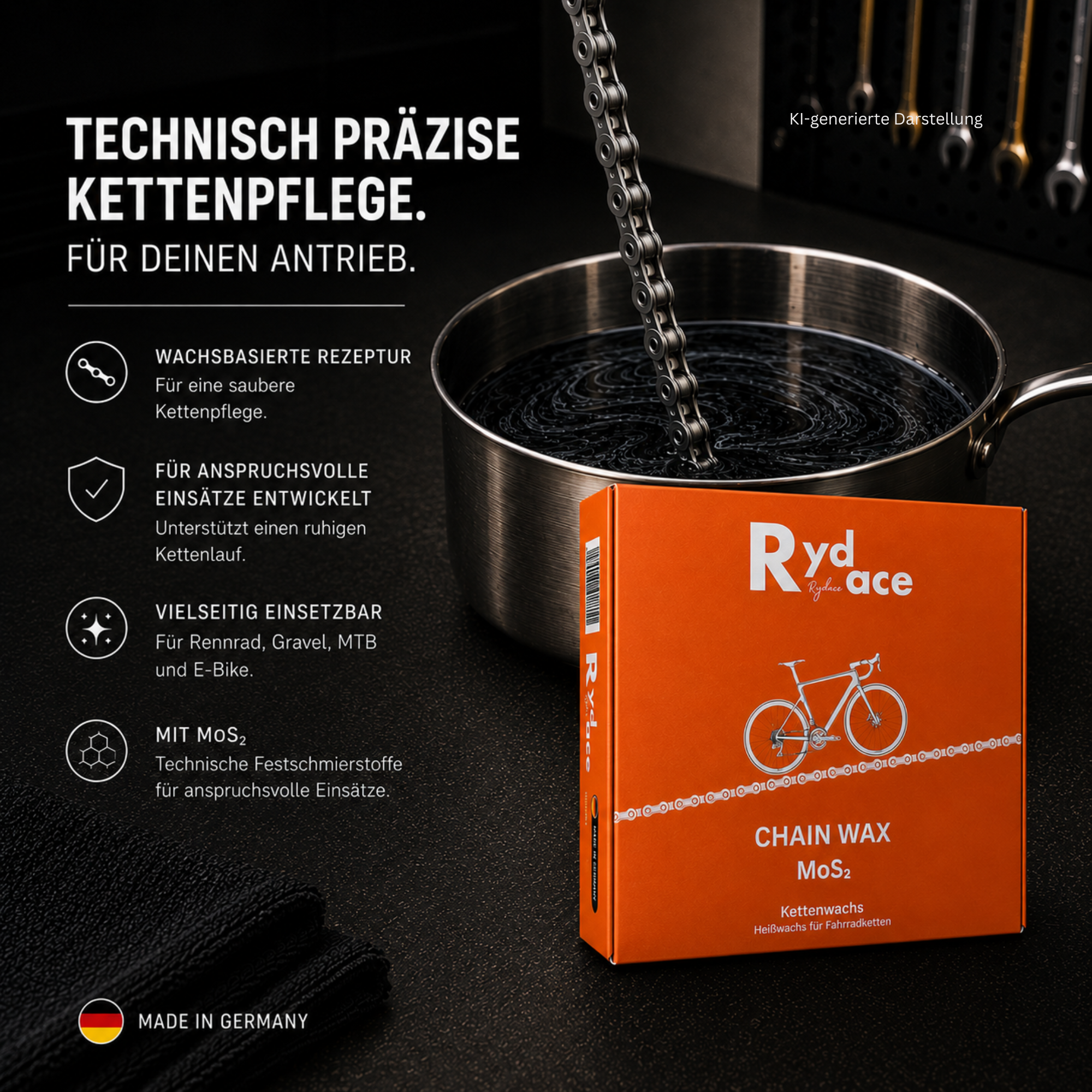 Rydace Chain Wax MoS₂ Heißwachs für Fahrradketten mit orangefarbener Verpackung neben einem Topf mit eingetauchter Fahrradkette.