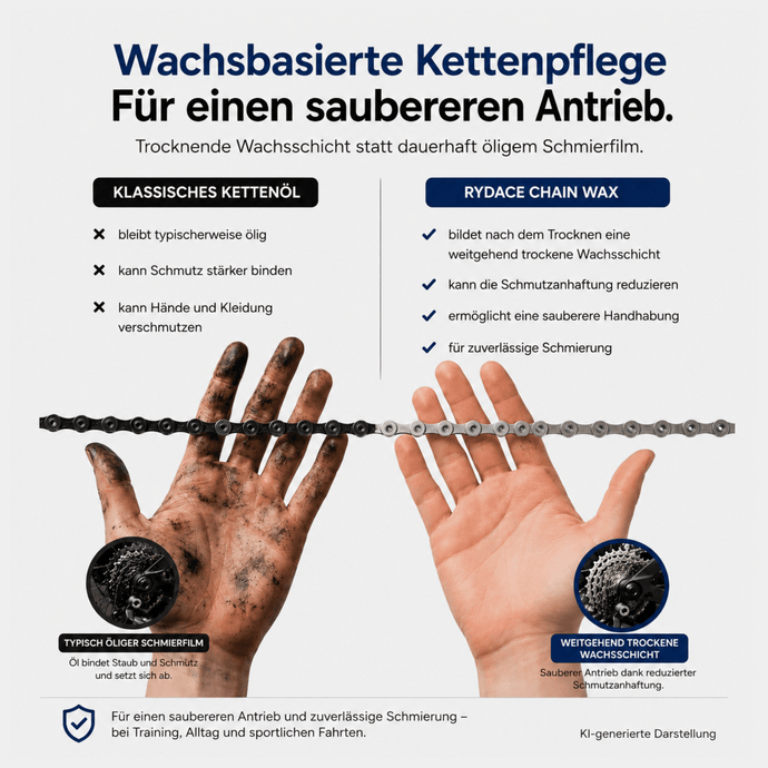 Vergleich von klassischem Kettenöl und Rydace Chain Wax : öliger Schmierfilm gegenüber weitgehend trockener Wachsschicht für einen saubereren Fahrradantrieb.