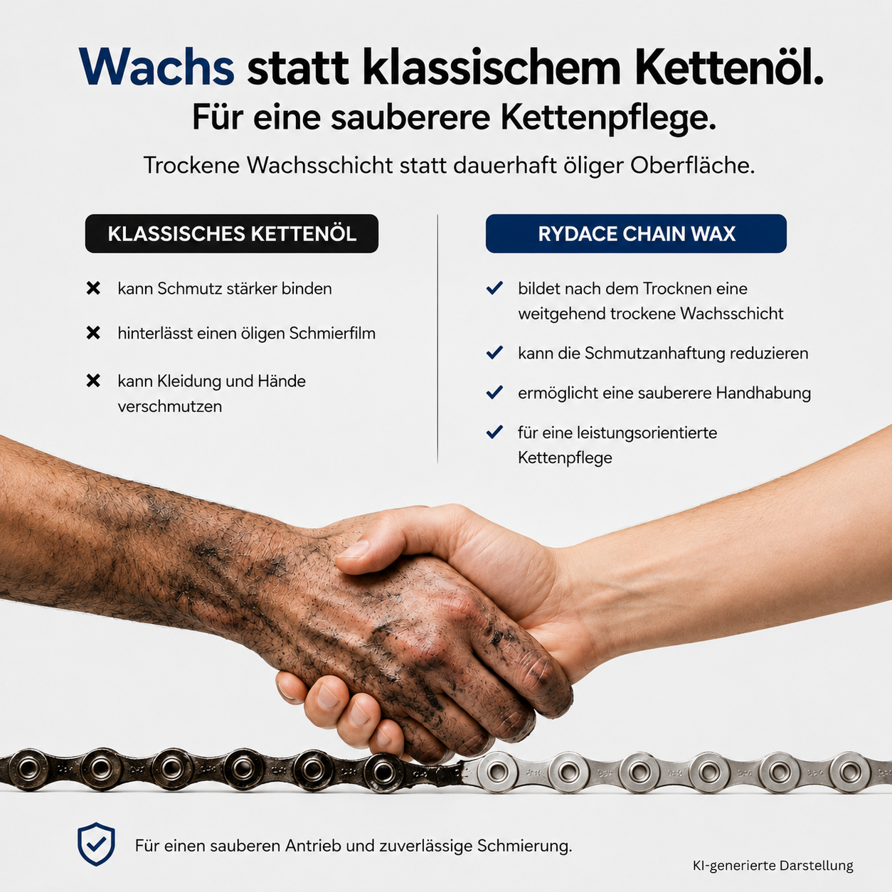 Vergleich von Kettenöl und Rydace Kettenwachs: schmutzige und saubere Hände sowie eine unterschiedlich verschmutzte Fahrradkette.